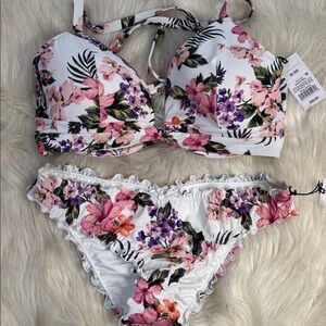 Shade Shore 
Floral Bikini Set 
Ruffled Lettuce Trim 
pink purple Green  Floral